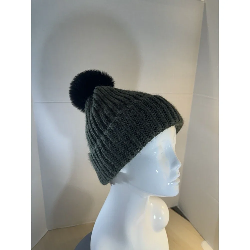 Steve Madden Green Cuffed Beanie with Black POM Winter Hat Ski Cap One Size